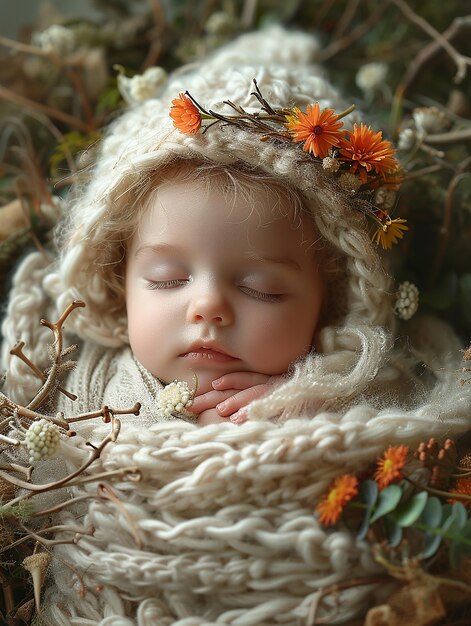 a baby sleeping in a wicker basket with flowers