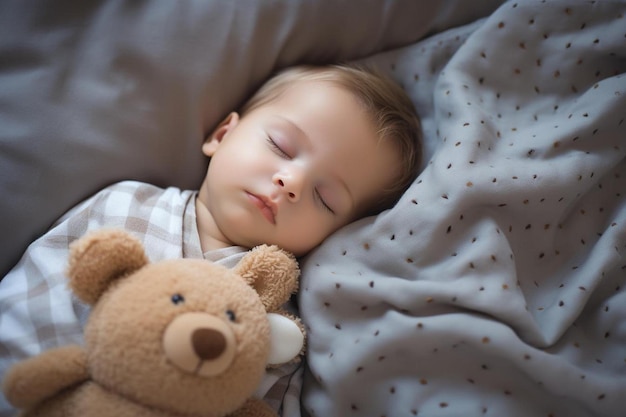 Photo a baby sleeping with a teddy bear on his chest