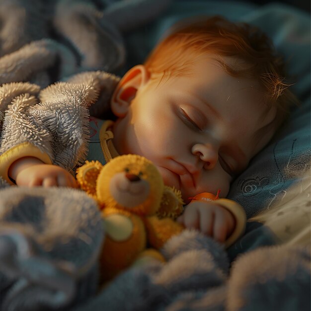 A baby sleeping with a teddy bear in his hand