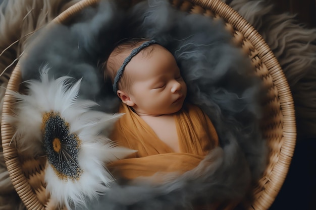 A baby sleeps in a basket with a yellow cloth