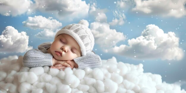 사진 아기가 구름 속에서 잠을 자고 있습니다.