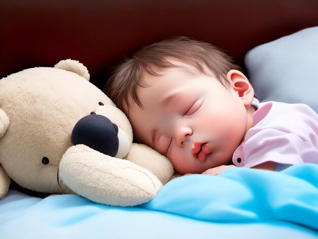 A baby sleeps next to a stuffed animal with a teddy bear on it ai generated