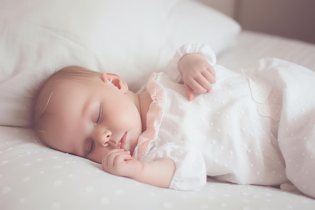 A baby sleeps on a white bed with a white polka dot pillow.