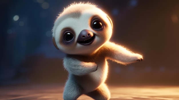 A baby sloth is dancing on a mat.