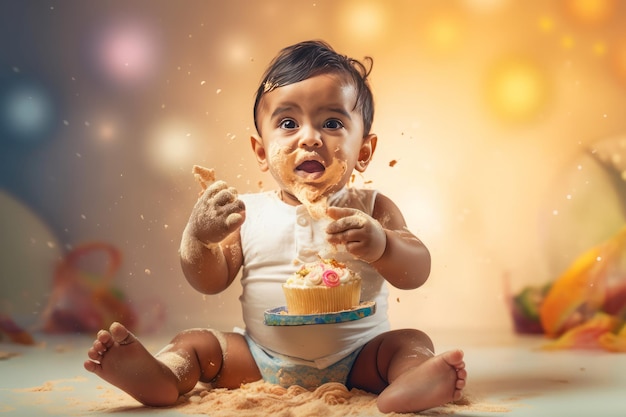 赤ちゃんがケーキを割る 楽しくて楽しい Generate Ai