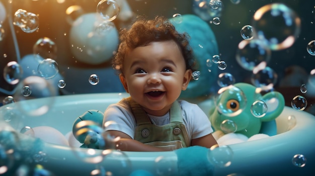 A baby smiles in a bubble bath