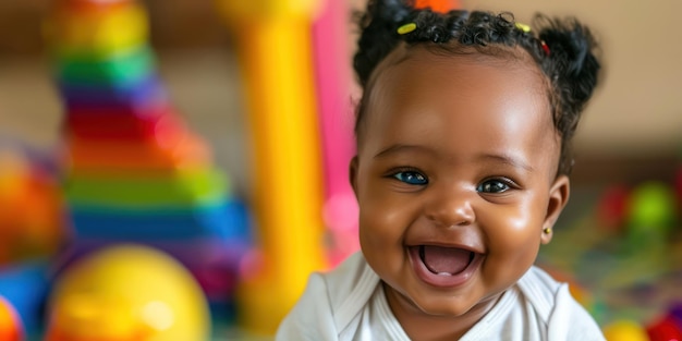 A baby smiling while playing with colorful toys