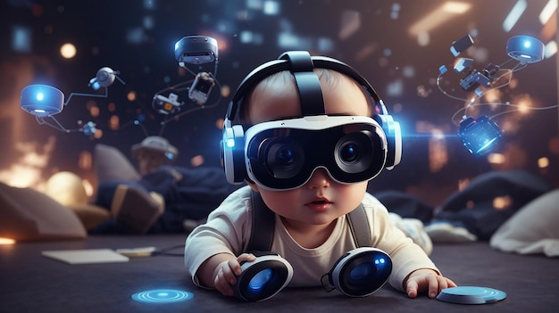 Baby speelt met VR-headsets Metaverse en toekomstige technologie