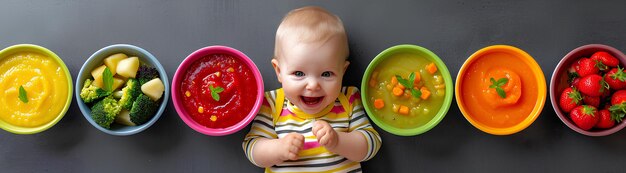 A baby standing in front of colorful bowls making soup