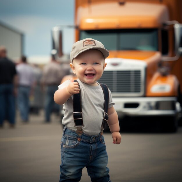 A baby standing in front of truck