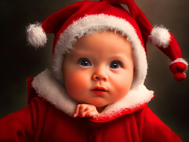 baby stands dressed as christmas girl photo