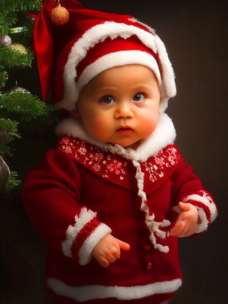 baby stands dressed as christmas girl photo