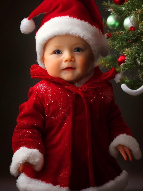 baby stands dressed as christmas girl photo