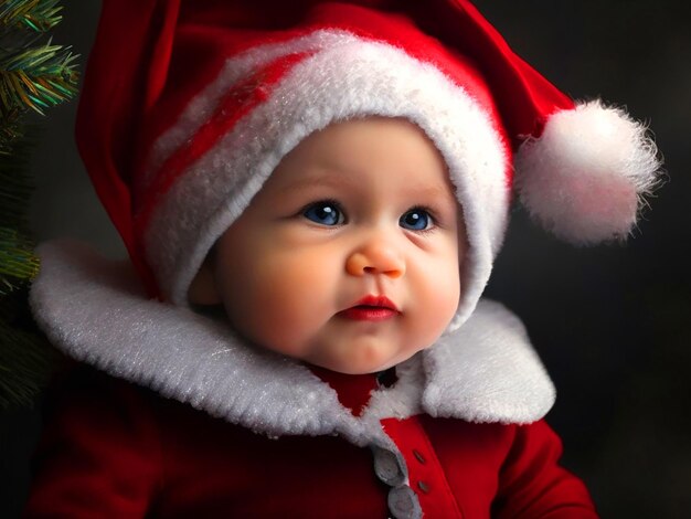 baby stands dressed as christmas girl photo