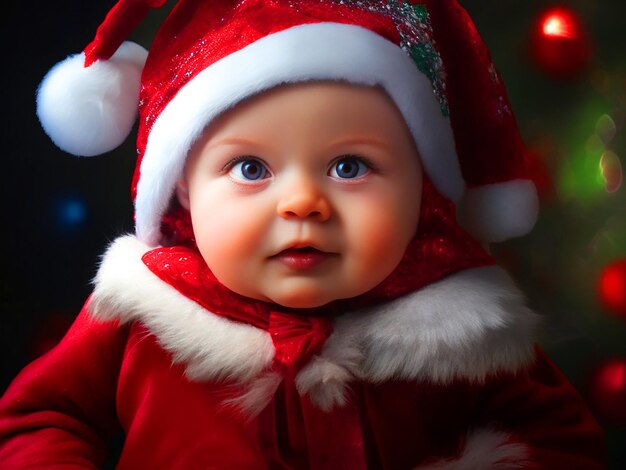 baby stands dressed as christmas girl photo