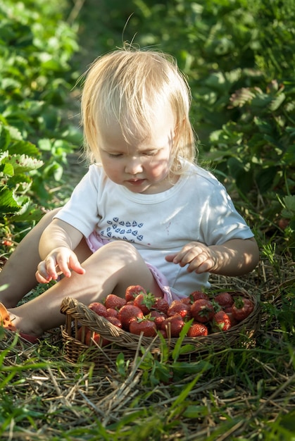 Bambino sul campo di fragole