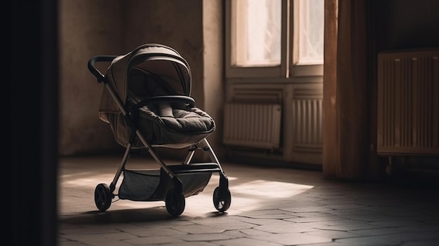 Baby stroller indoor Empty place for text Front view