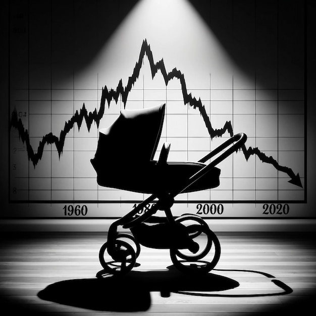 Photo baby stroller shadow against market graph concept