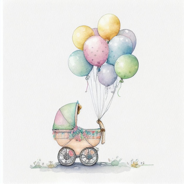 Baby stroller with balloons watercolor style Generative AI