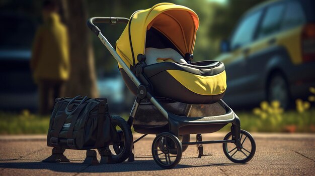 a baby stroller with a yellow and black backpack on it