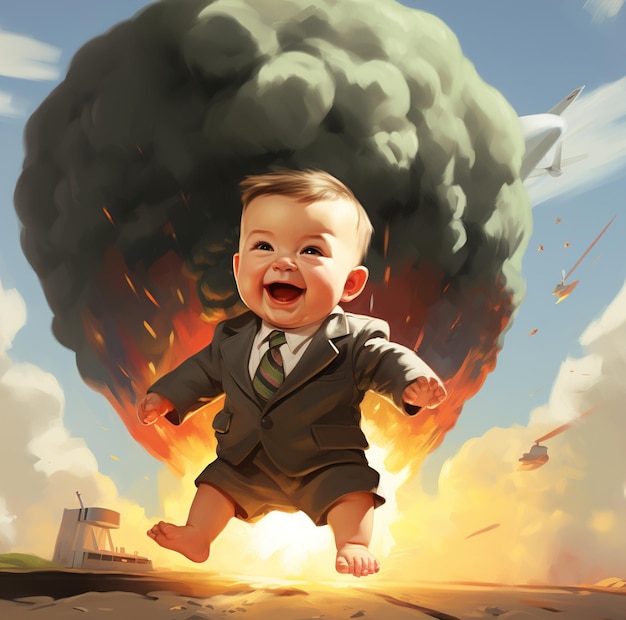 a baby in a suit is running towards a plane that is flying above a cloud.