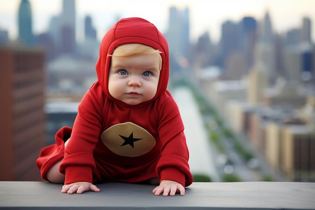 Baby in a superhero costume with a cityscape background