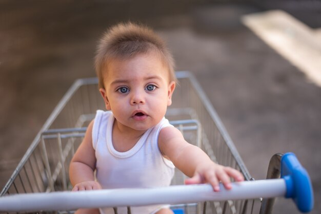 baby in supermarket trolley