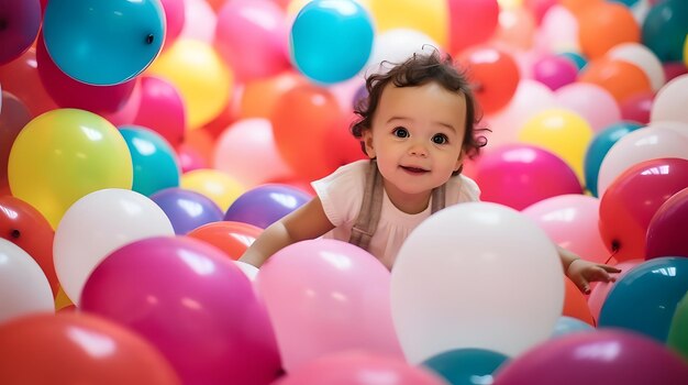 Baby surrounded by colorful balloons on the floor