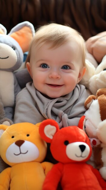 Baby surrounded by stuffed animals