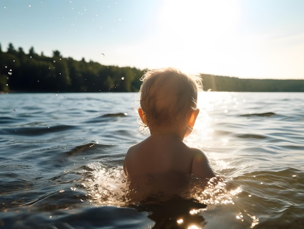 A baby swimming in the water is seen from the back seeming very content Generative AI