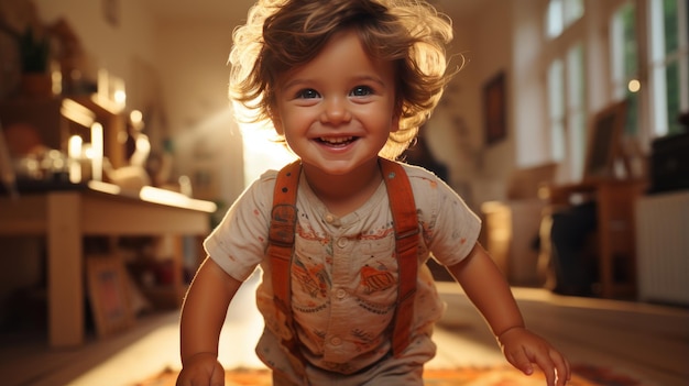 A baby takes his first steps in a living room bathed in warm golden light from the setting sun Created with Generative AI