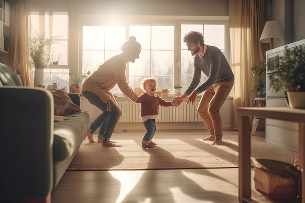 Photo baby taking first steps with father39s help at home parents at home encouraging baby daughter