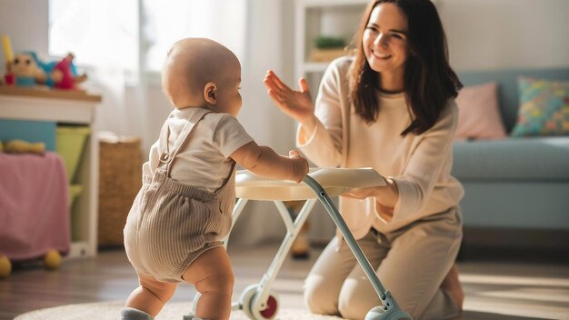 Photo baby taking his first steps and proud mother