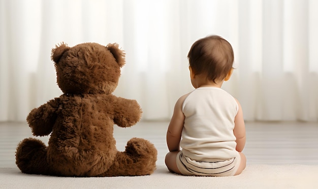 Baby and teddy bear rear view with design space