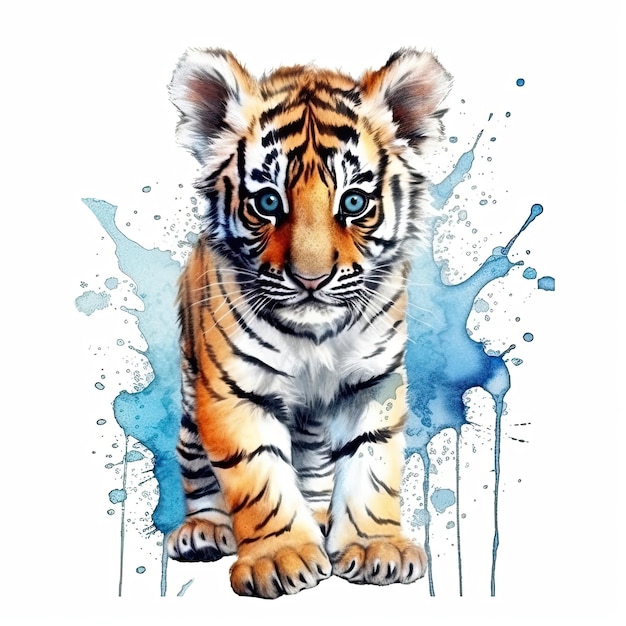 Baby Tiger aquarel met inkt omtrek op witte achtergrond hoog gedetailleerde generatieve AI
