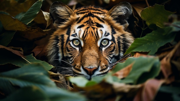 Foto un cucciolo di tigre nascosto nella foresta che guarda la telecamera