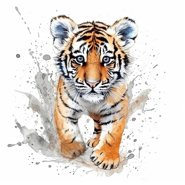 Baby Tiger watercolor with ink outline on white background high detailed generative AI