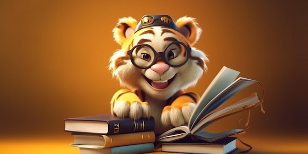 Foto baby tigre con occhiali da sole e libro simpatico cartone animato in argilla animale generato dall'intelligenza artificiale