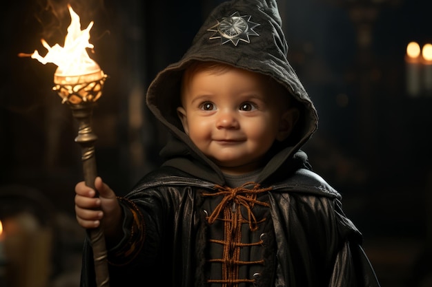 Baby in a tiny wizard costume casting spells with a toy wand Generative AI