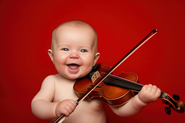 A baby or toddler under one year old very happy while playing the violin fiddle and smiling at the camera Studio shot against a red background