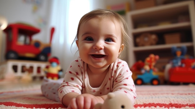 Baby toddler playing colorful toys at home or nursery newborn baby smiling at camera at play center