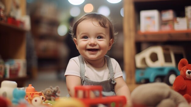 Baby toddler playing colorful toys at home or nursery newborn baby smiling at camera at play center