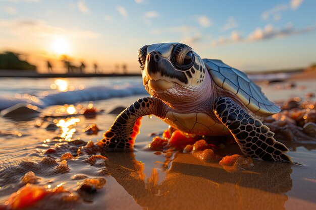 Foto piccola tartaruga che esplora la spiaggia al tramonto ia generativa