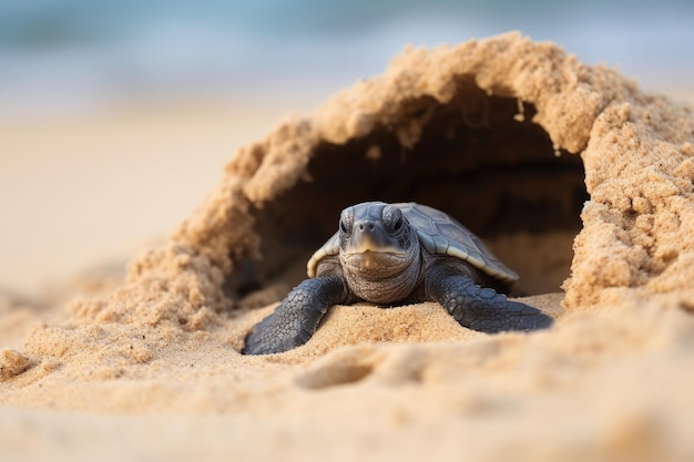 baby turtle is hatching on the sand