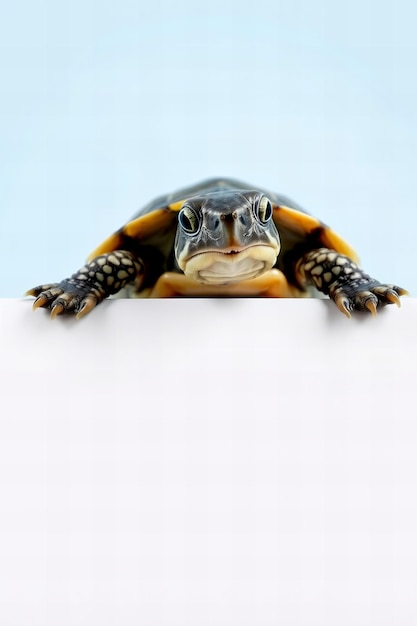 baby turtle peeking over edge light blue backdrop