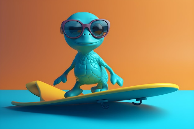 A baby turtle on a surfboard with sunglasses on