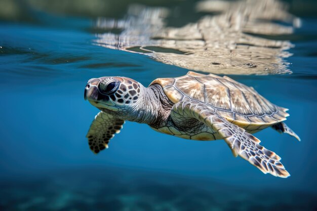 Baby turtle swimming in clear blue ocean created with generative ai