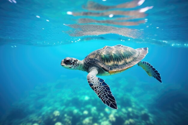 Baby turtle swimming in the clear blue ocean its way to freedom created with generative ai