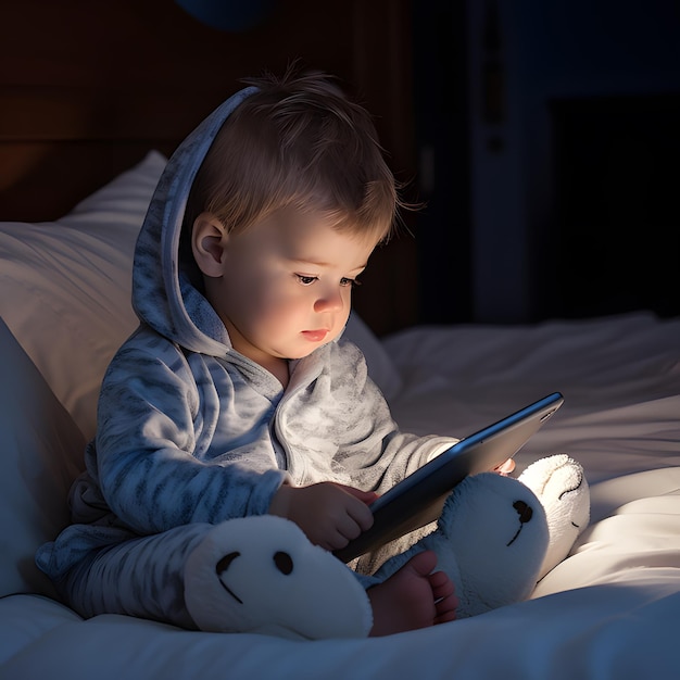 Baby using phone in the night