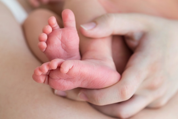 baby voeten in handen van de moeder